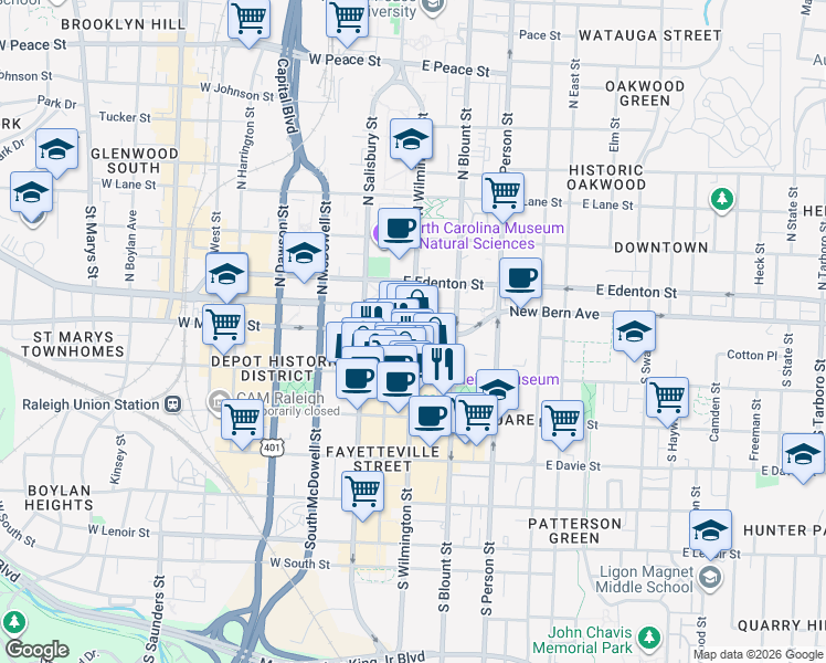 map of restaurants, bars, coffee shops, grocery stores, and more near in Raleigh
