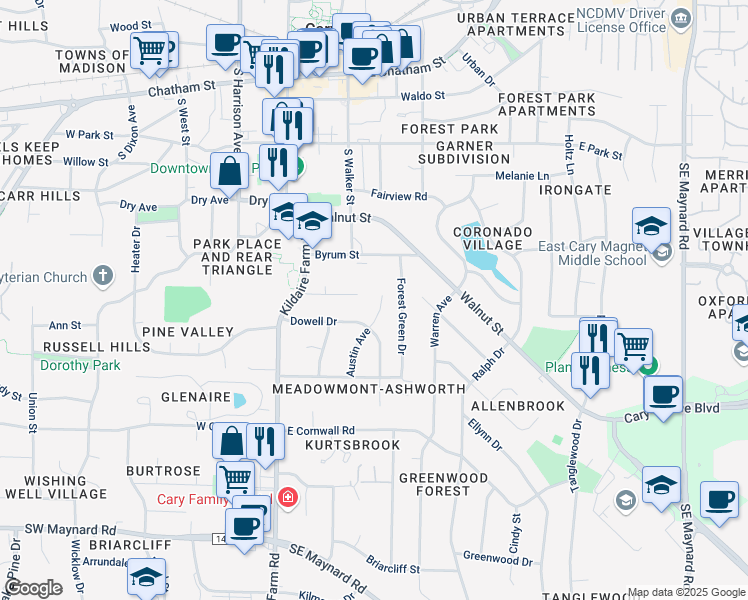 map of restaurants, bars, coffee shops, grocery stores, and more near 602 Austin Avenue in Cary