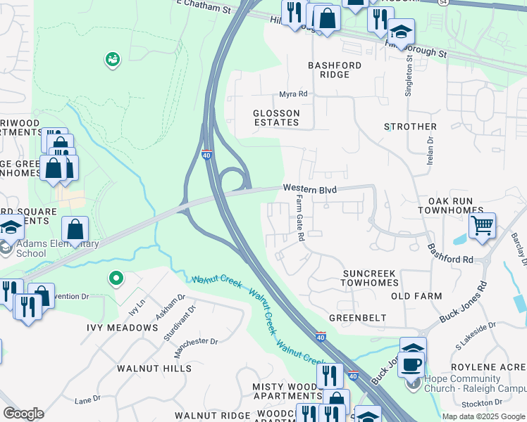 map of restaurants, bars, coffee shops, grocery stores, and more near 6420 Daybrook Circle in Raleigh