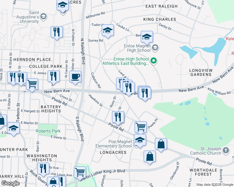 map of restaurants, bars, coffee shops, grocery stores, and more near in Raleigh