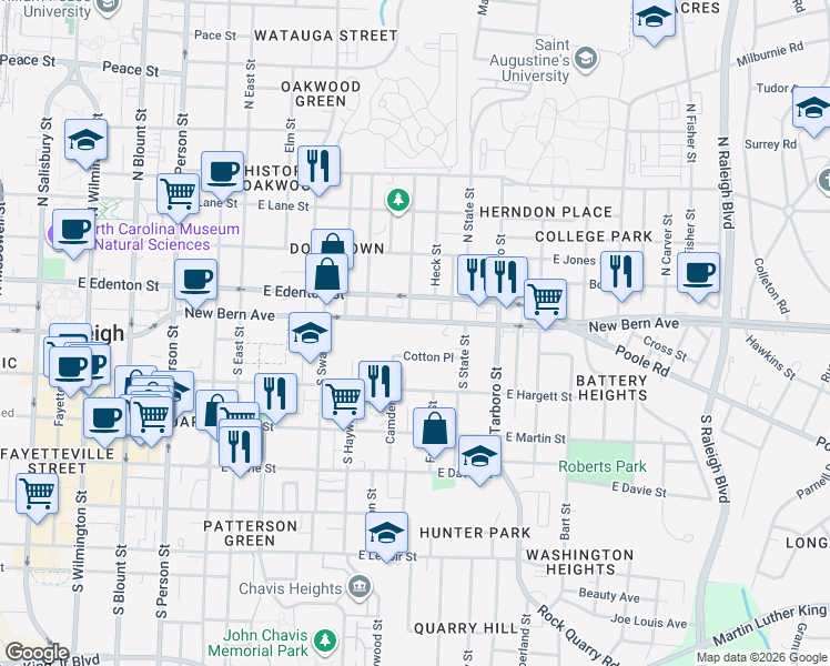 map of restaurants, bars, coffee shops, grocery stores, and more near 902 New Bern Avenue in Raleigh