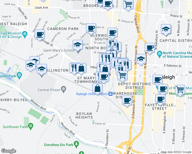 map of restaurants, bars, coffee shops, grocery stores, and more near 110 South Boylan Avenue in Raleigh