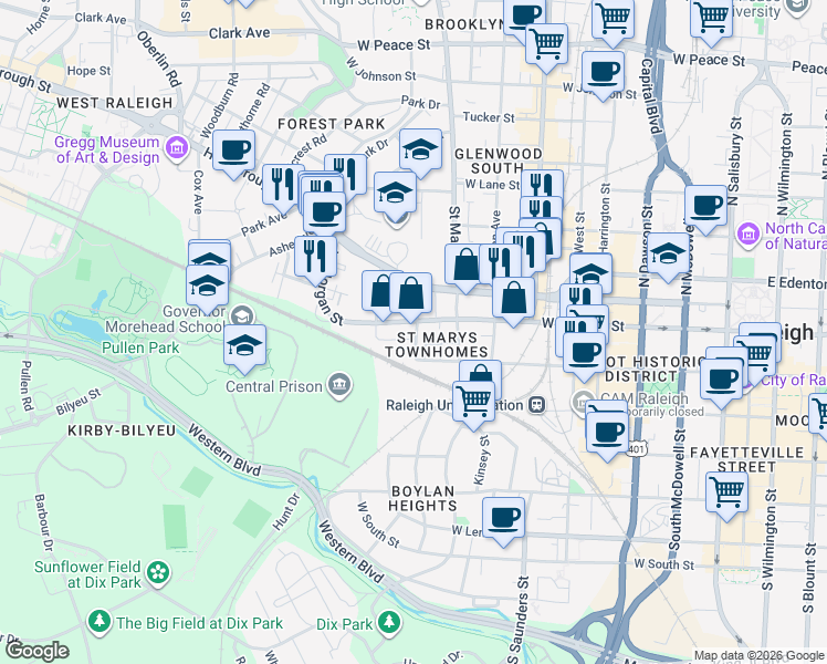 map of restaurants, bars, coffee shops, grocery stores, and more near 801 West Morgan Street in Raleigh