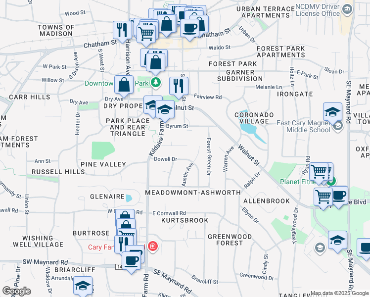 map of restaurants, bars, coffee shops, grocery stores, and more near 120 Pleasants Avenue in Cary