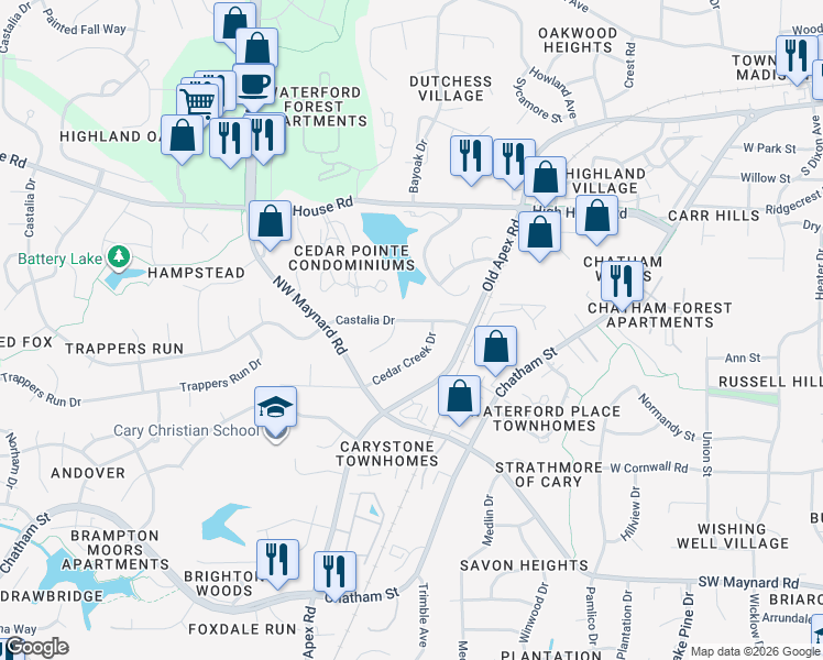 map of restaurants, bars, coffee shops, grocery stores, and more near 807 Castalia Drive in Cary