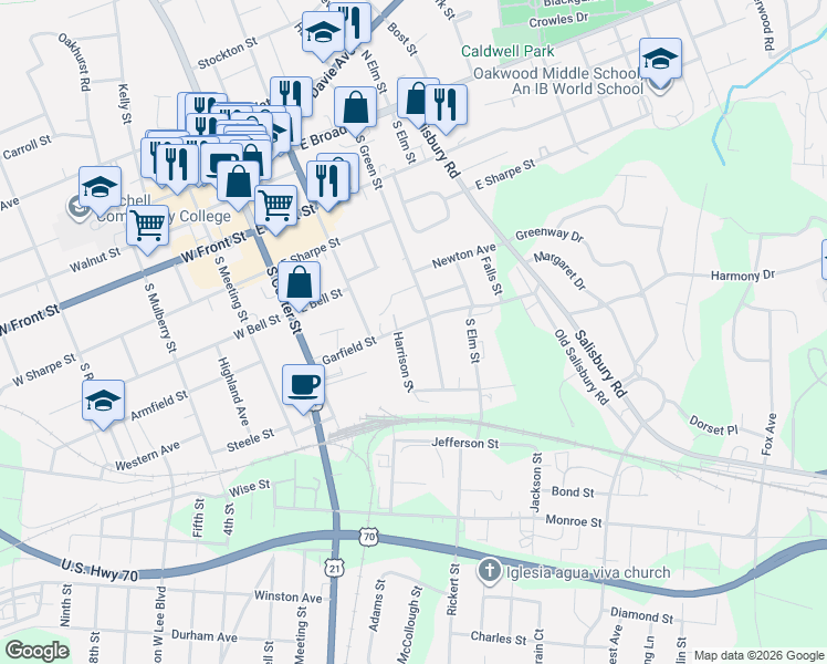 map of restaurants, bars, coffee shops, grocery stores, and more near 226 Garfield Street in Statesville