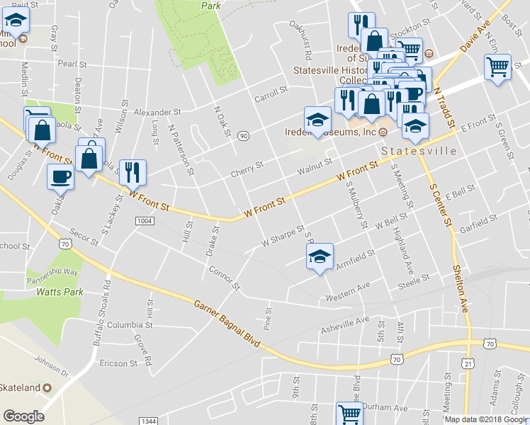 map of restaurants, bars, coffee shops, grocery stores, and more near 645 West Front Street in Statesville