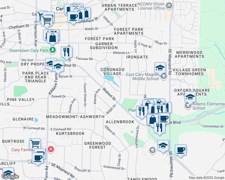 map of restaurants, bars, coffee shops, grocery stores, and more near 107 Coronado Way in Cary