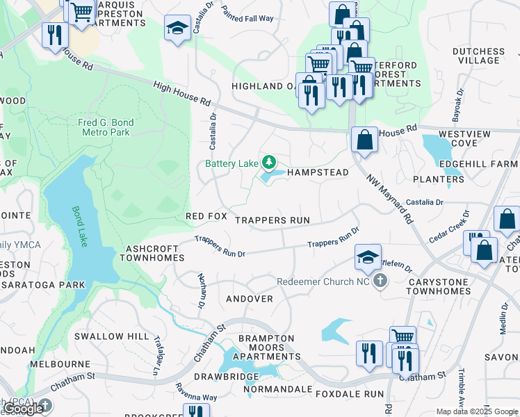 map of restaurants, bars, coffee shops, grocery stores, and more near 105 North Jaguar Court in Cary