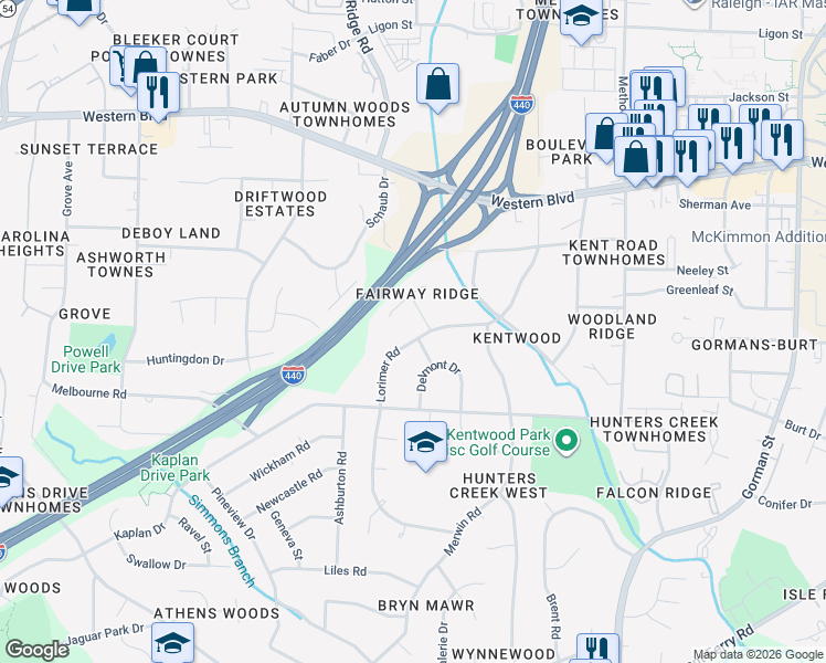map of restaurants, bars, coffee shops, grocery stores, and more near 1402 Lorimer Road in Raleigh