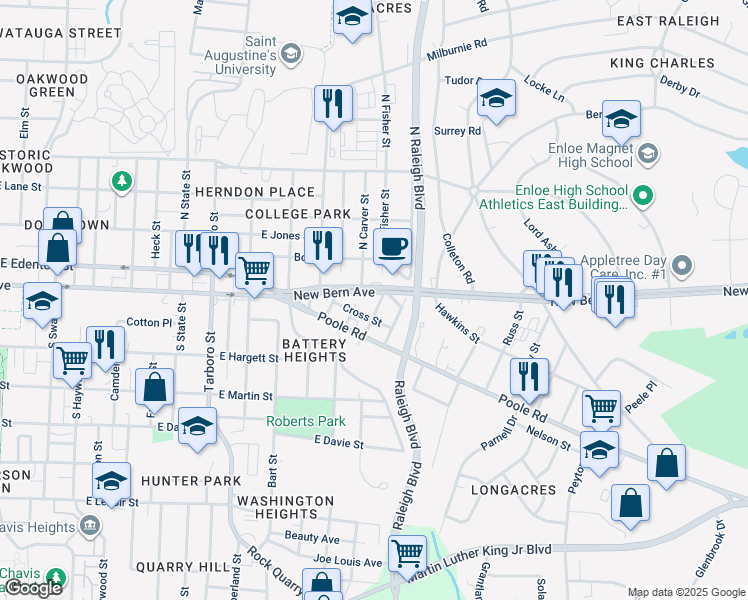map of restaurants, bars, coffee shops, grocery stores, and more near 14 South Fisher Street in Raleigh