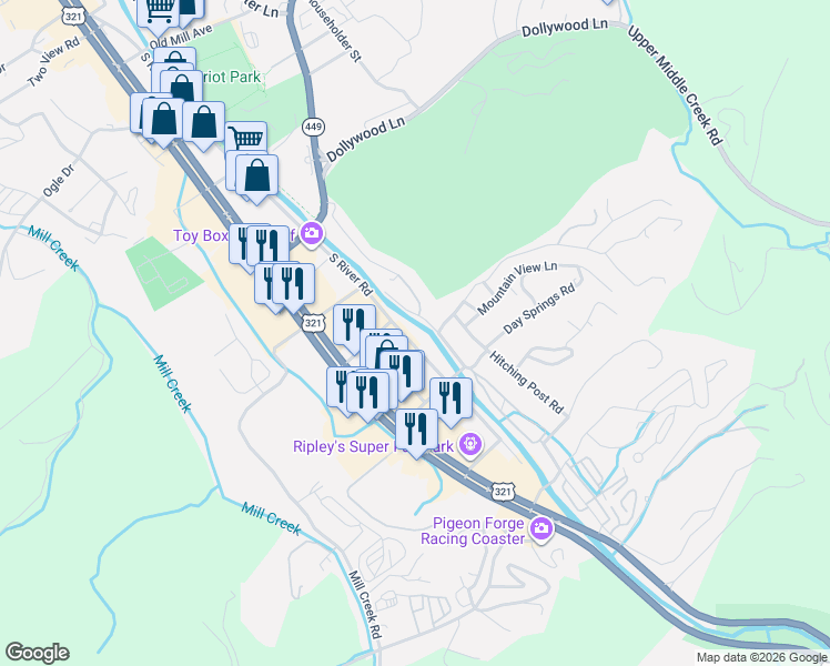 map of restaurants, bars, coffee shops, grocery stores, and more near in Pigeon Forge
