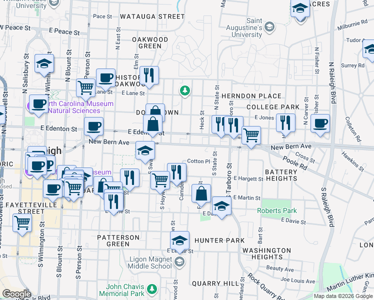 map of restaurants, bars, coffee shops, grocery stores, and more near 902 New Bern Avenue in Raleigh
