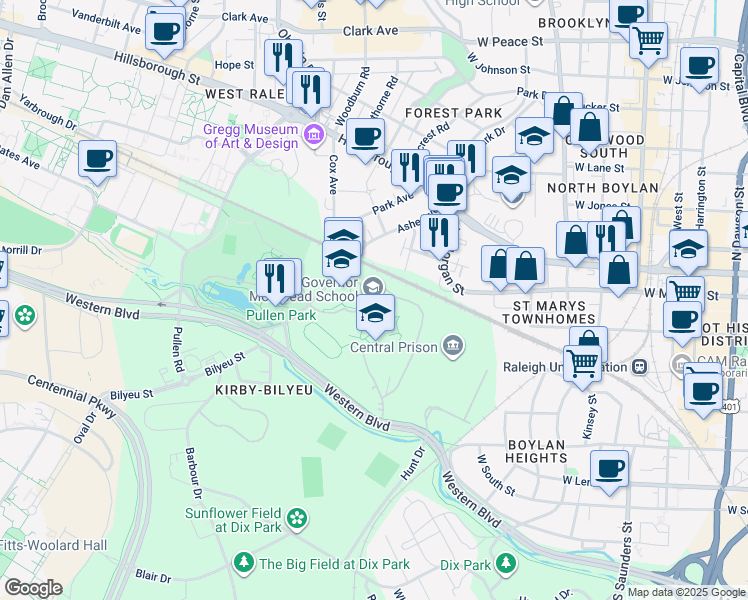 map of restaurants, bars, coffee shops, grocery stores, and more near 301 Ashe Avenue in Raleigh