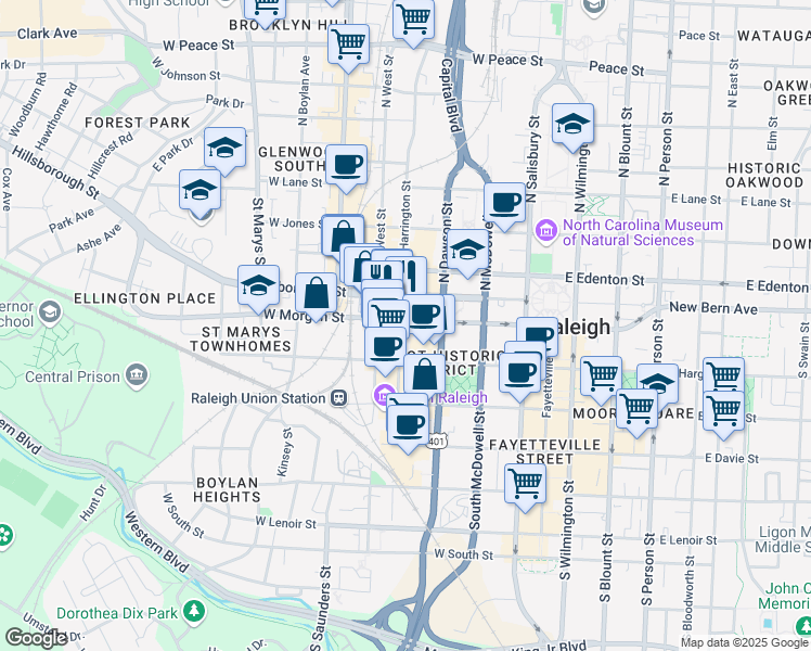 map of restaurants, bars, coffee shops, grocery stores, and more near 327 West Morgan Street in Raleigh