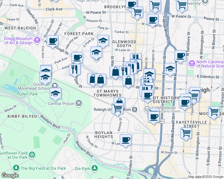 map of restaurants, bars, coffee shops, grocery stores, and more near in Raleigh