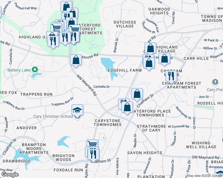 map of restaurants, bars, coffee shops, grocery stores, and more near 807 Castalia Drive in Cary