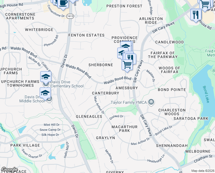 map of restaurants, bars, coffee shops, grocery stores, and more near 112 Riva Trace Drive in Cary