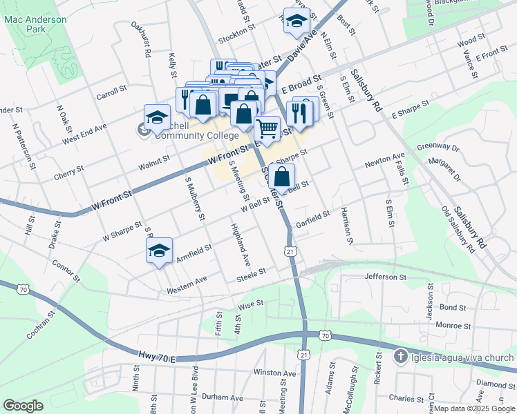 map of restaurants, bars, coffee shops, grocery stores, and more near 125 West Bell Street in Statesville