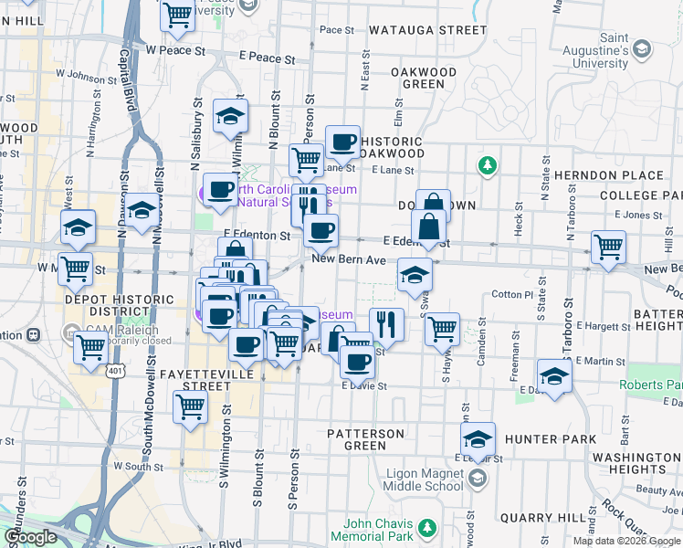 map of restaurants, bars, coffee shops, grocery stores, and more near 15 South Bloodworth Street in Raleigh
