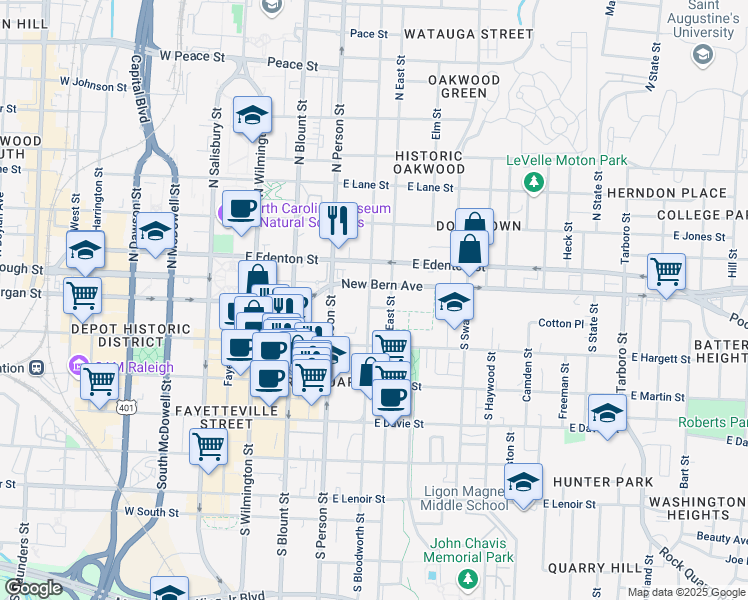 map of restaurants, bars, coffee shops, grocery stores, and more near 15 South Bloodworth Street in Raleigh