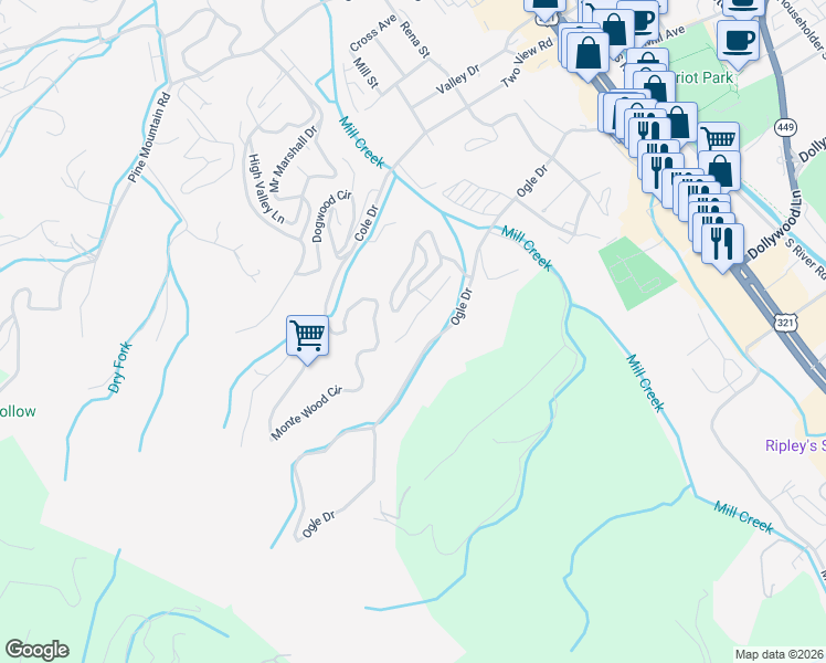 map of restaurants, bars, coffee shops, grocery stores, and more near 508 Ogle Drive in Pigeon Forge