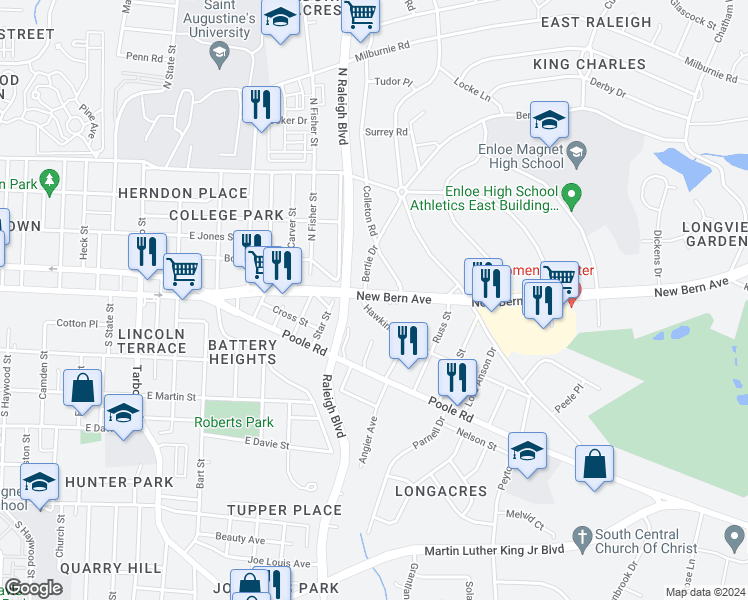 map of restaurants, bars, coffee shops, grocery stores, and more near 1904 New Bern Avenue in Raleigh