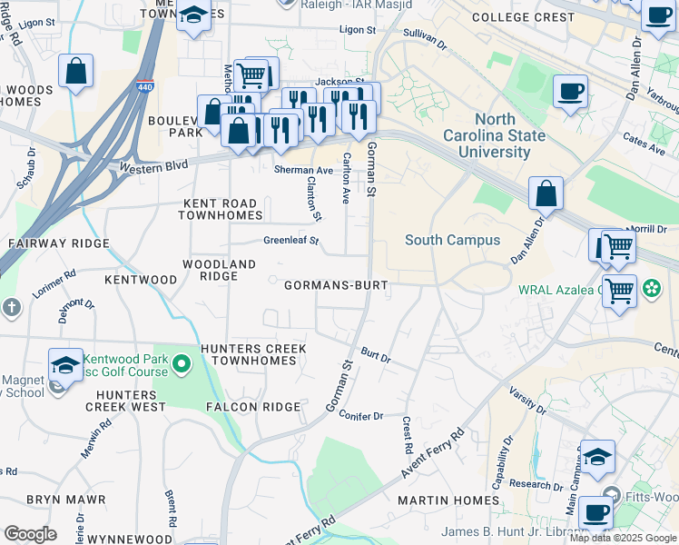 map of restaurants, bars, coffee shops, grocery stores, and more near 3800 Marcom Street in Raleigh