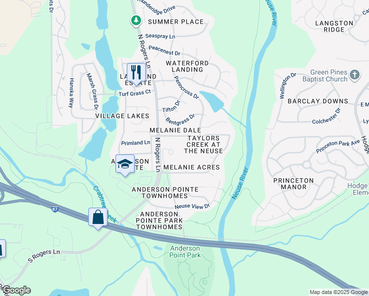 map of restaurants, bars, coffee shops, grocery stores, and more near 104 Rosalynn Court in Raleigh