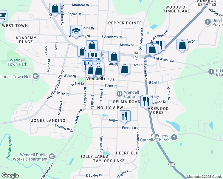 map of restaurants, bars, coffee shops, grocery stores, and more near 107 Kemp Street in Wendell