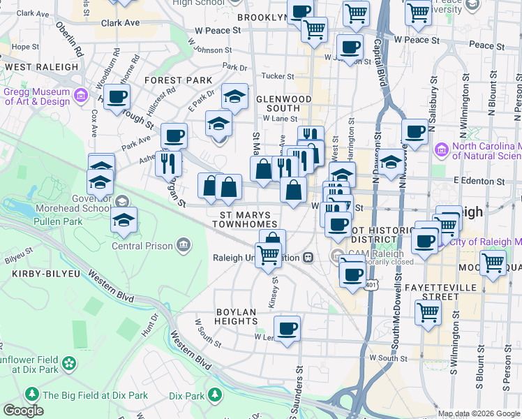 map of restaurants, bars, coffee shops, grocery stores, and more near in Raleigh