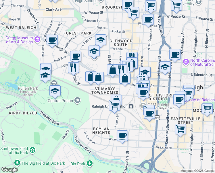 map of restaurants, bars, coffee shops, grocery stores, and more near in Raleigh