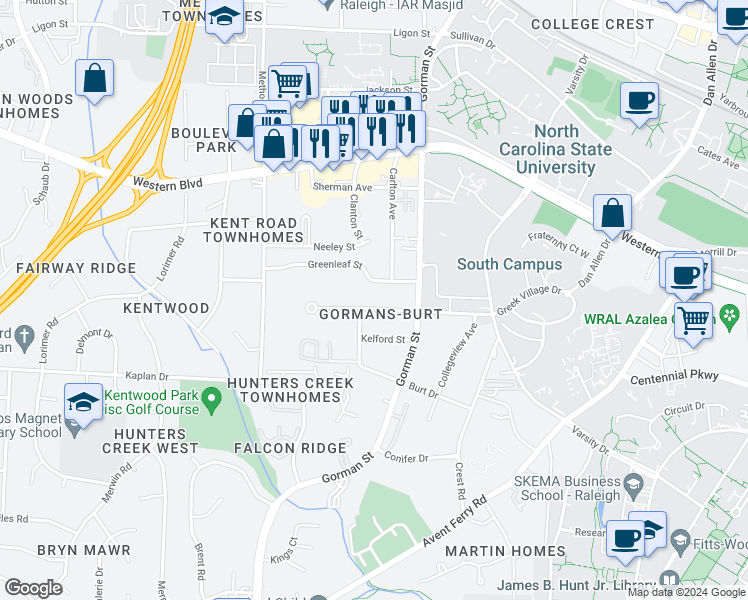 map of restaurants, bars, coffee shops, grocery stores, and more near 3800 Marcom Street in Raleigh