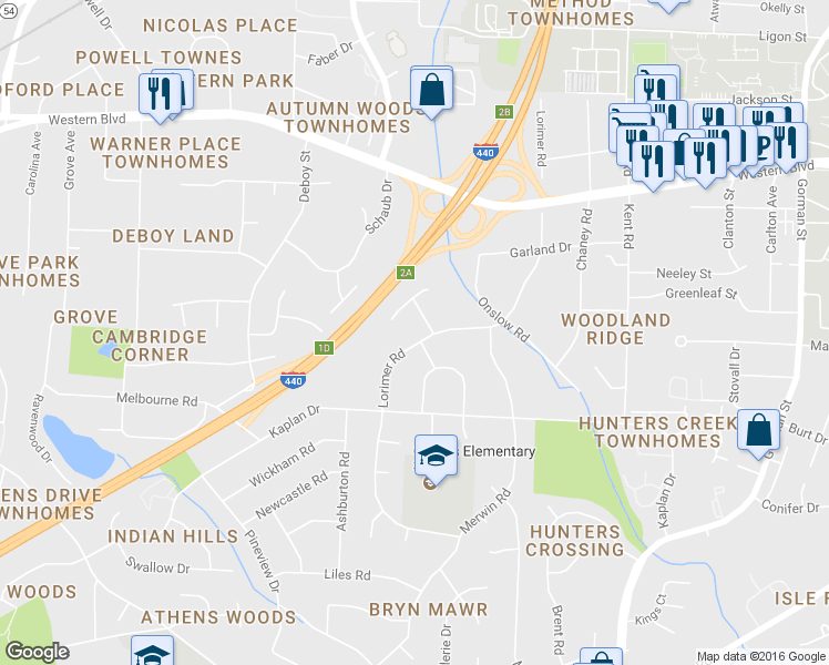 map of restaurants, bars, coffee shops, grocery stores, and more near 1402 Lorimer Road in Raleigh