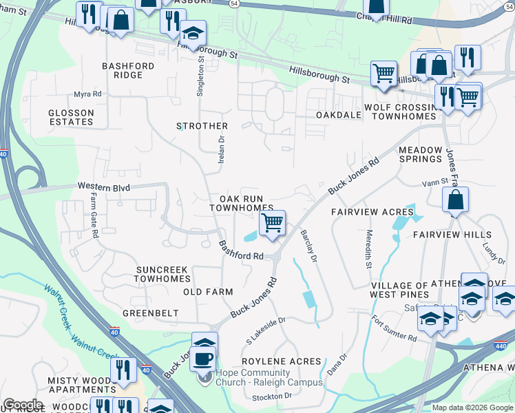 map of restaurants, bars, coffee shops, grocery stores, and more near 541 Oak Run Drive in Raleigh