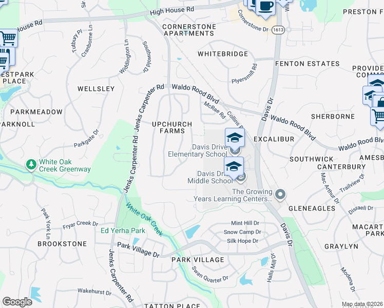 map of restaurants, bars, coffee shops, grocery stores, and more near 350 Luke Meadow Lane in Cary