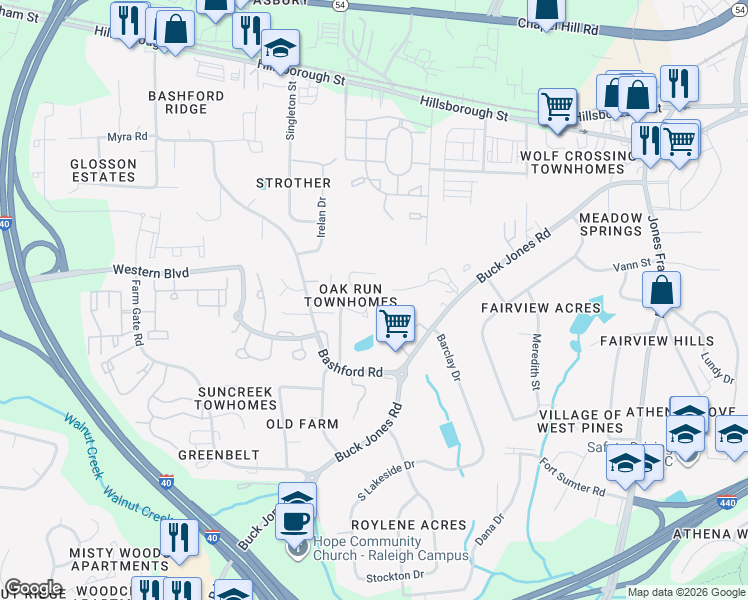 map of restaurants, bars, coffee shops, grocery stores, and more near 541 Oak Run Drive in Raleigh