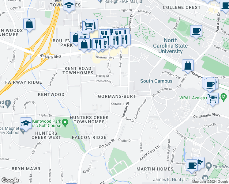 map of restaurants, bars, coffee shops, grocery stores, and more near 3808 Marcom Street in Raleigh