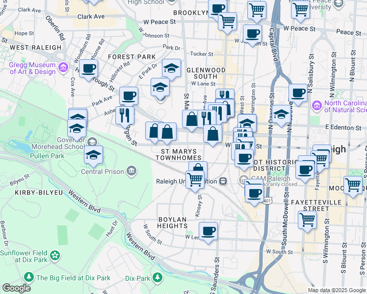 map of restaurants, bars, coffee shops, grocery stores, and more near in Raleigh