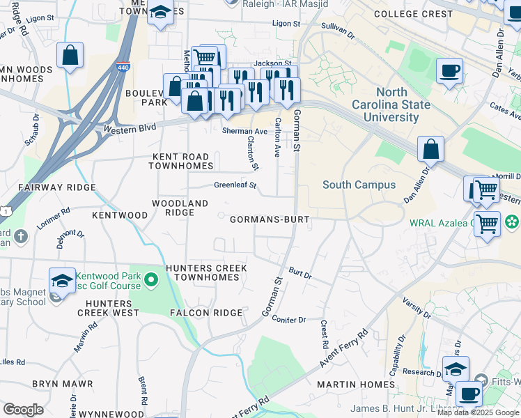 map of restaurants, bars, coffee shops, grocery stores, and more near 3812 Marcom Street in Raleigh