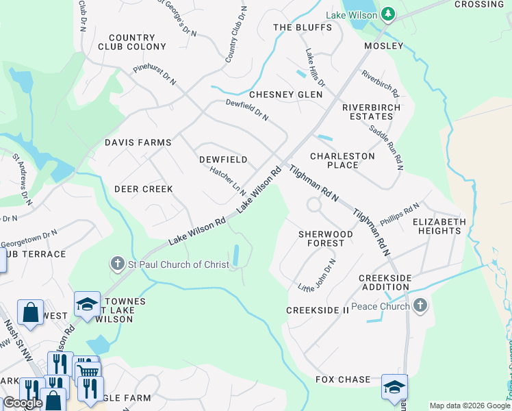 map of restaurants, bars, coffee shops, grocery stores, and more near 4222 Lake Wilson Road in Wilson