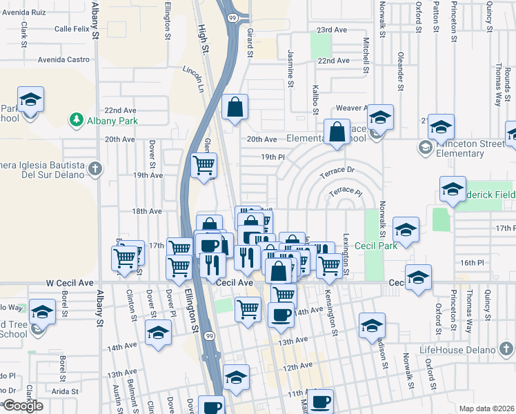 map of restaurants, bars, coffee shops, grocery stores, and more near 731 18th Ave in Delano