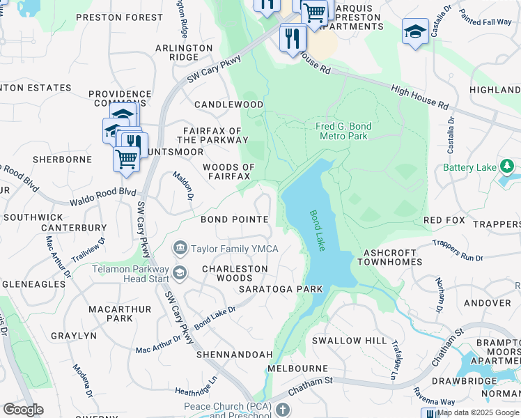 map of restaurants, bars, coffee shops, grocery stores, and more near 204 Swiss Lake Drive in Cary