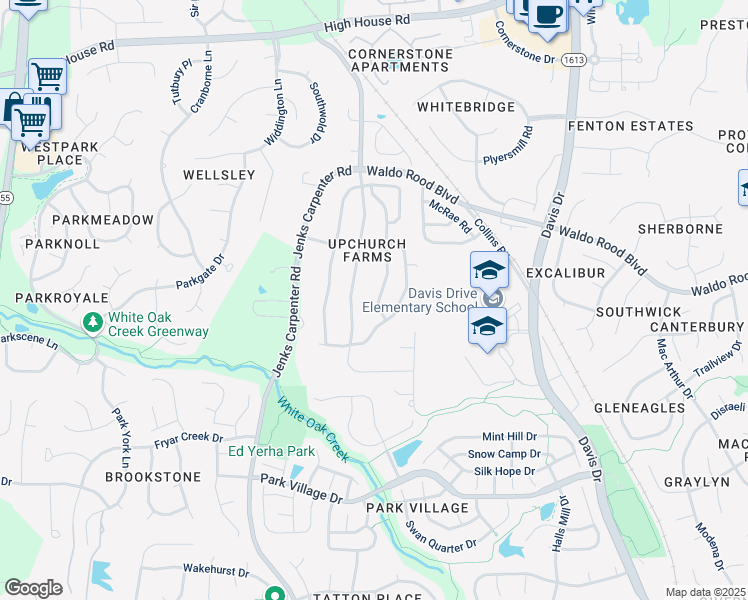 map of restaurants, bars, coffee shops, grocery stores, and more near 282 Joshua Glen Lane in Cary