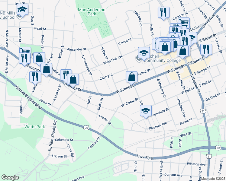map of restaurants, bars, coffee shops, grocery stores, and more near 706 West Front Street in Statesville