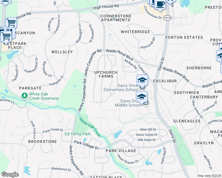 map of restaurants, bars, coffee shops, grocery stores, and more near 350 Luke Meadow Lane in Cary