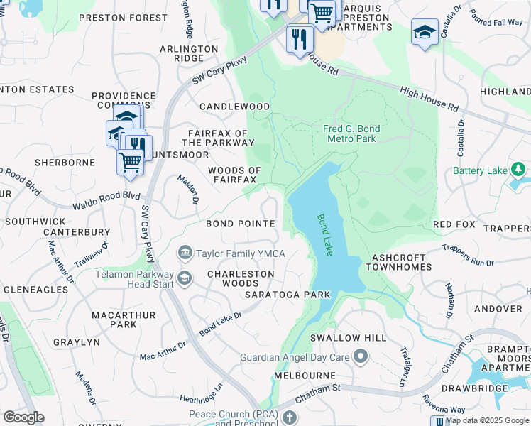 map of restaurants, bars, coffee shops, grocery stores, and more near 204 Swiss Lake Drive in Cary