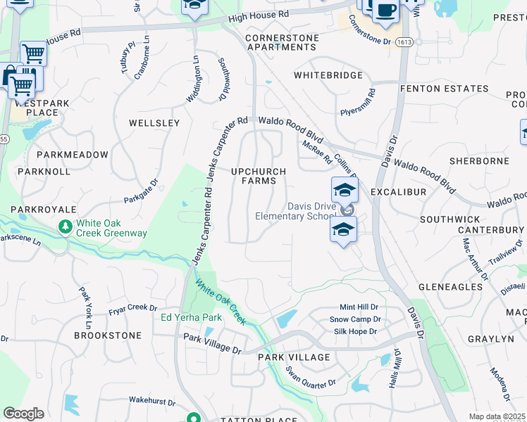 map of restaurants, bars, coffee shops, grocery stores, and more near 282 Joshua Glen Lane in Cary