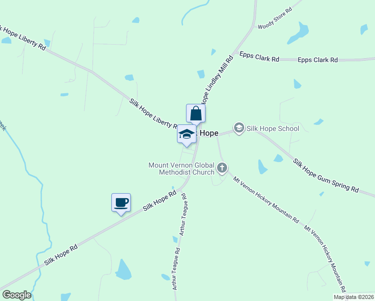 map of restaurants, bars, coffee shops, grocery stores, and more near 7945 Silk Hope Road in Siler City