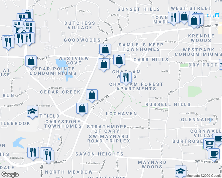 map of restaurants, bars, coffee shops, grocery stores, and more near 928 Jason Court in Cary
